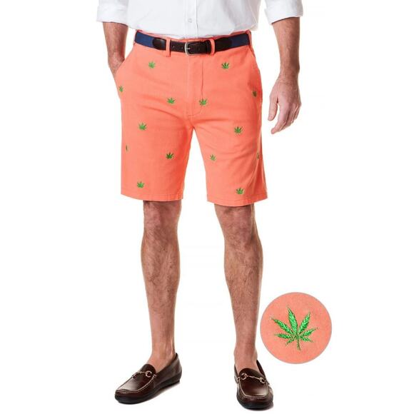 Castaway Cisco Shorts, Stretch Twill, Embroidered Pot On Orange, Men's Size 30 - Picture 1 of 7